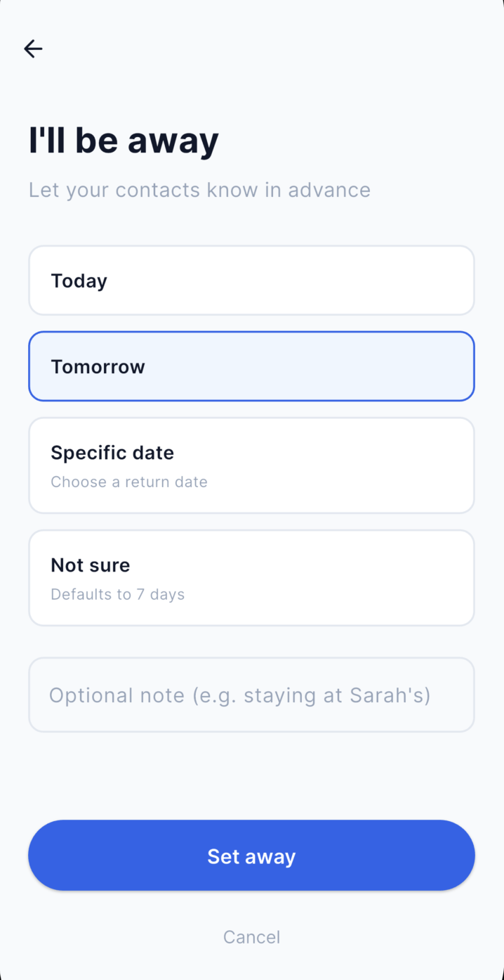 Here 'I'll be away' screen with options for letting contacts know