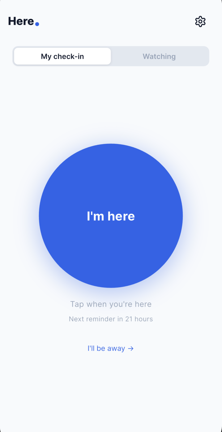 Here check-in screen showing a large 'I'm here' button