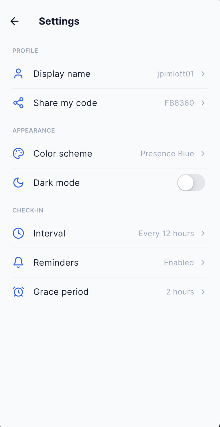 Here settings screen with profile, appearance and check-in options